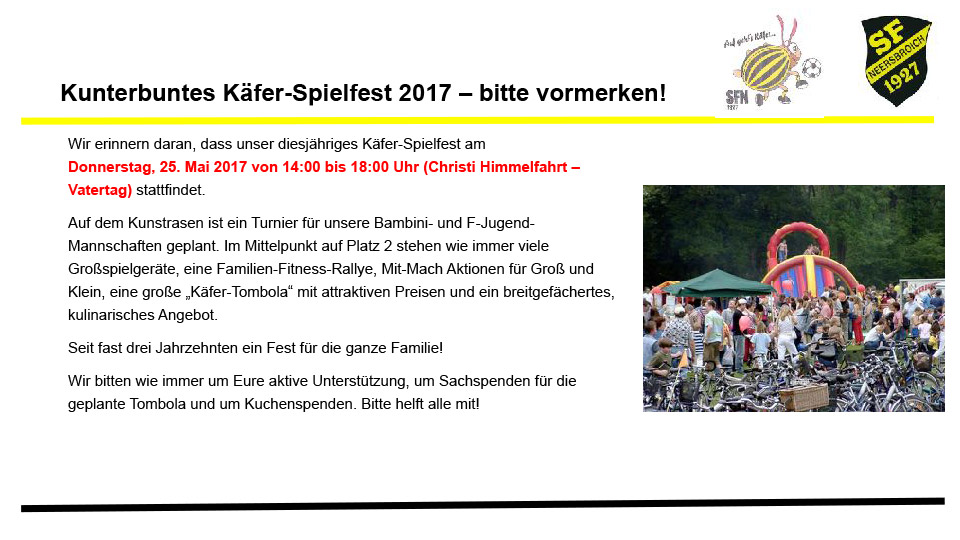 Kunterbuntes Käfer-Spielfest 2017 – bitte vormerken! Kunterbuntes Käfer-Spielfest 2017 – bitte vormerken!