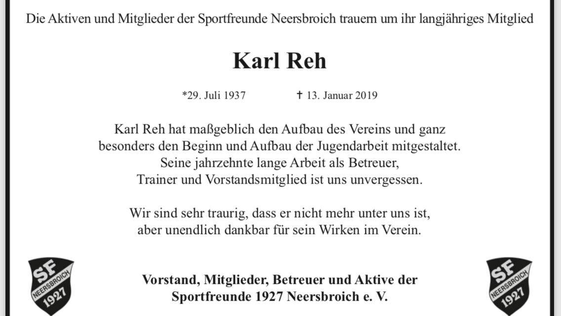 Die Sportfreunde Neersbroich trauern um Karl Reh