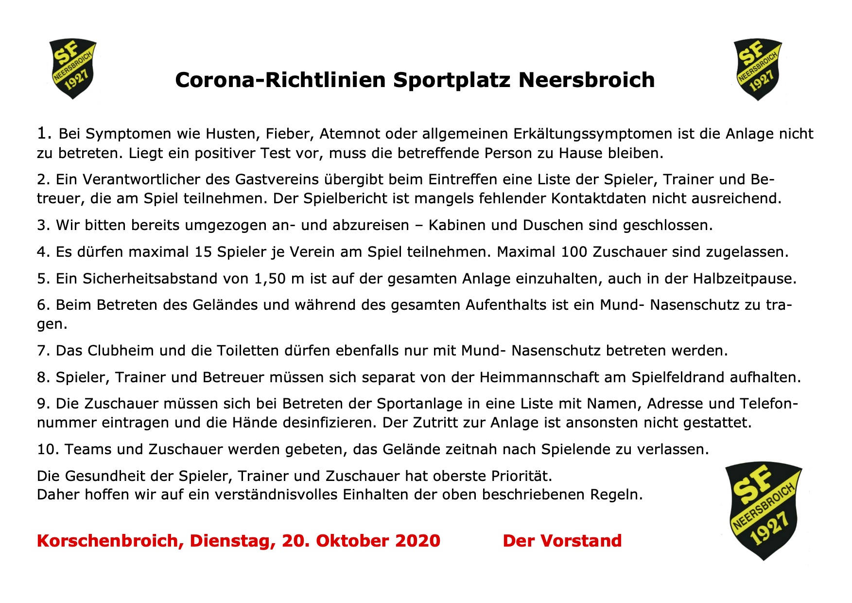 Aktuelle Corona-Richtlinien Sportplatz Neersbroich