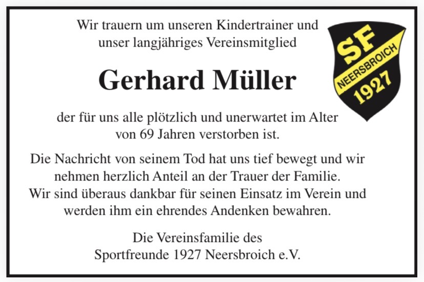 Die Sportfreunde Neersbroich trauern um Gerhard Müller